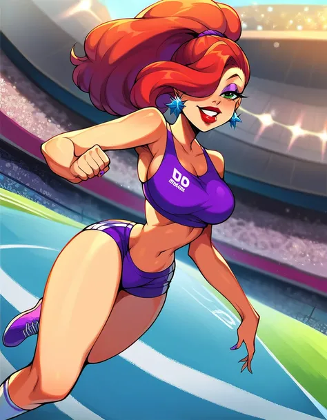 score_9, score_8_up, score_7_up, score_6_up, score_5_up, score_4_up, BREAK, source_anime, 1girl, red hair, long hair, hair over one eye, green eyes, lipstick, makeup, earrings, competition sports, (purple tank top:1.5), (large purple short:1.5), (on the tr...