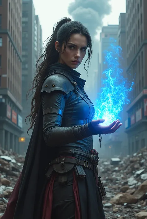 new york city destroyed and a woman with blue fire in her hand and warrior clothing appearing from the waist up