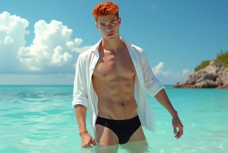 1 male, (male model) hot skin, masterpiece, top quality, the most handsome man in the world, por Sightseeing, perfect body, handsome male model, Attractive male lead of 20 to 25 years of perfect age., Orange hair, summer, Seawater, blue sky, White clouds, ...