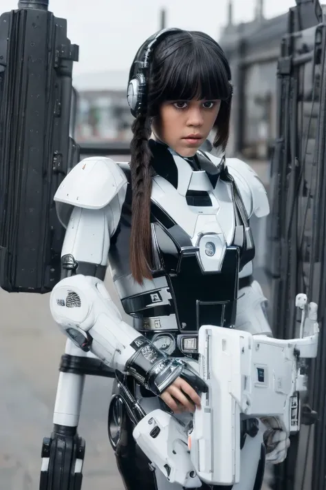 masterpiece, best quality, extremely detailed,8k portrait, jenna ortega android girl,plump ,control panels,robot arms,robot,andr...