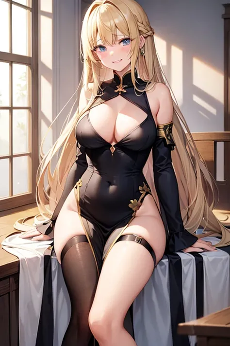 Long Hair, smile, tears, masterpiece, 編みおろしのLong Hair, Large Breasts, Blonde, 
knife