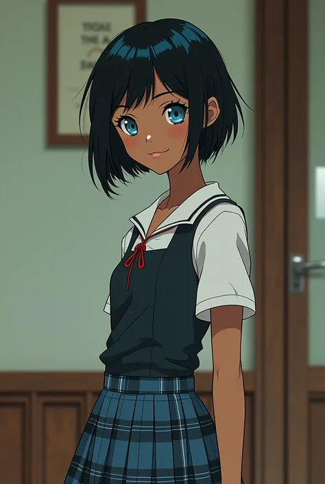 Retro anime girl with black skin and a pixie cut, thin with blue eyes and short stature Catholic school 
