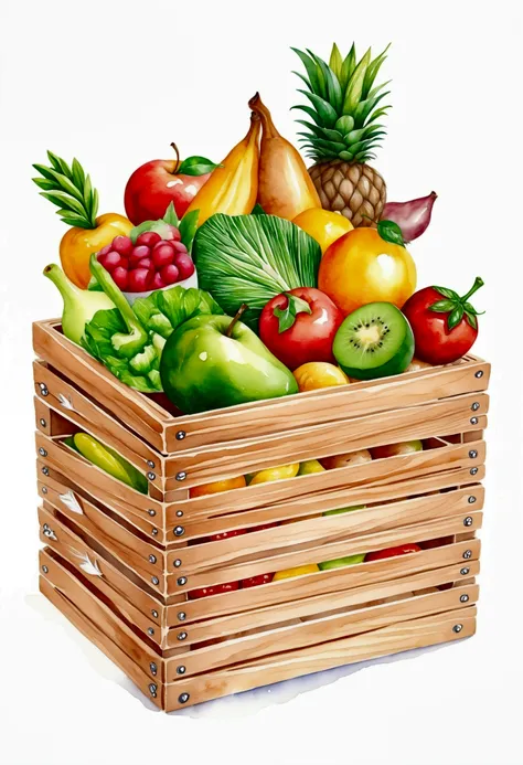a wooden box with a lot of healthy food, illustration, isolated with solid white background, surrounded with negative space, centered composition, 8k, highest detailed painting, very precise painting, Isolated, clear solid white background, perspective ang...