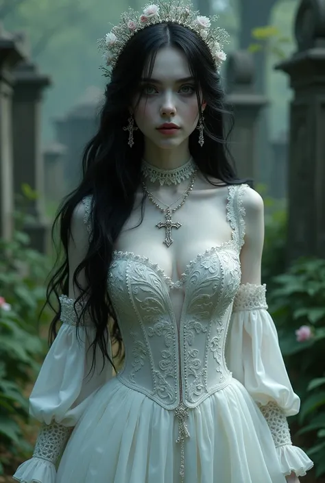 Imagine a pale-skinned vampire with black hair, wearing a white wedding dress with elven sleeves, Victorian-style crucifix accessories, resembling death in great detail, in a cemetery with many plants under excellent lighting.