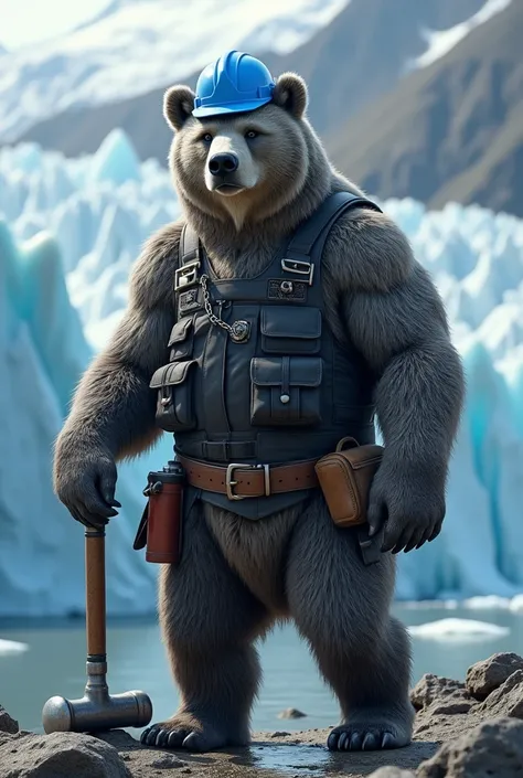 (photorealism:1.2), large grey Bear standing in front of a glacier wearing a blue hard hat, and a black vest, and tool belt  with hammer in hand
