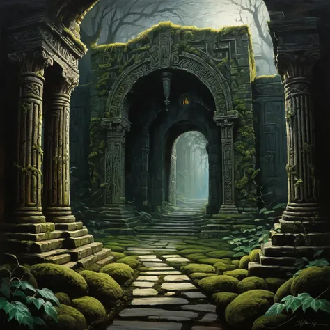 "Create an intricate and captivating visual representation of a labyrinthine world. The scene should feature a grand, ancient labyrinth with towering stone walls adorned with moss and ivy, twisting pathways, and hidden chambers. The environment should evok...