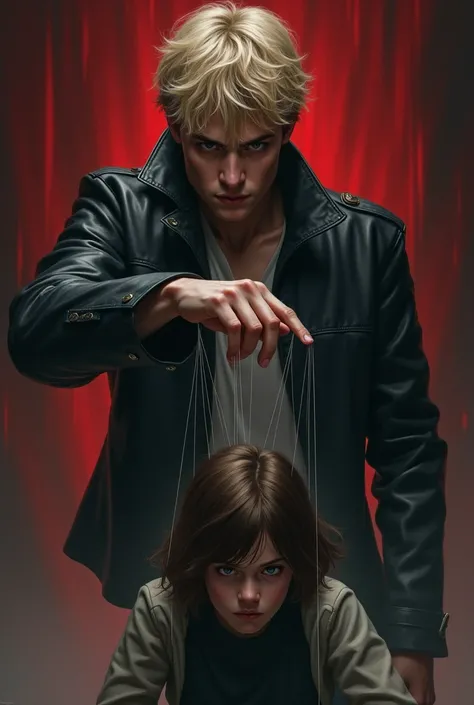 The cover shows a young man with a somber expression, with blonde hair and tight lips, wearing a black leather jacket. His hand is raised, with his fingers extended as if he were manipulating puppets. From his fingers hang fine threads that control a girl ...