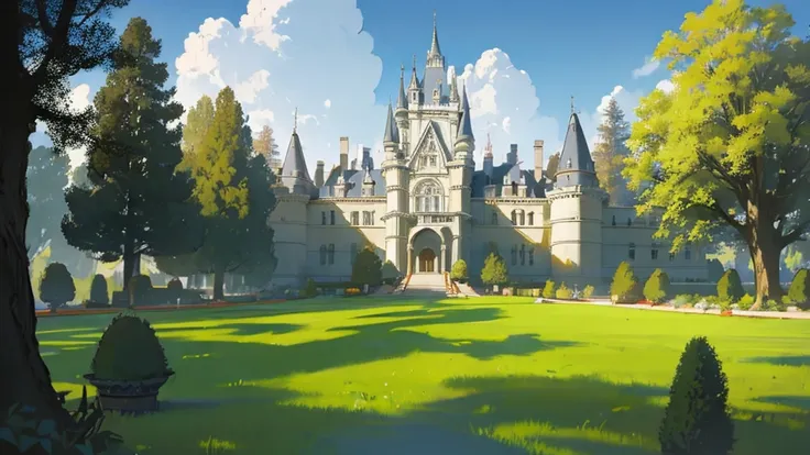 high resolution, american propaganda poster, castle、ballroom、large windows、daytime、planting、light and shadow