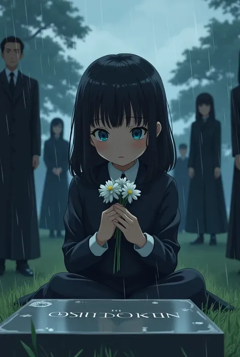 10-year-old anime girl with dark brown skin and straight black hair , slim, blue-eyed, short stature, dressed elegantly, looking at a grave with white flowers in her hands, while she is sitting in a cemetery looking at her mothers tombstone with a cold loo...