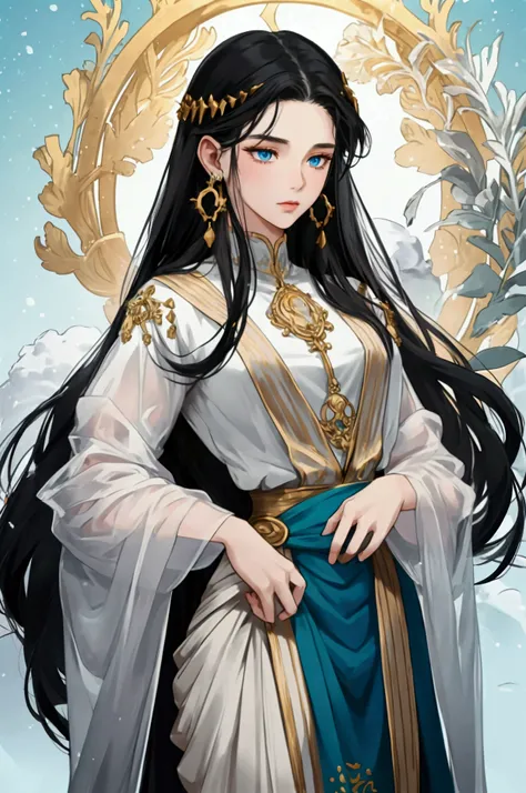 snow-white skin, jet black long hair, sea blue eyes, graceful gold earrings, young woman, extraordinary beauty, slightly reddened cheeks, Antiquity, Kleidungsstil der Antiquity, slightly muscular, anime style