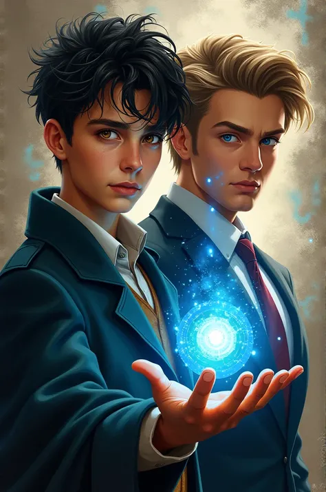 A book cover with a young dark-haired wizard, pieces and amber eyes, next to a young businessman with light brown hair and blue eyes 
