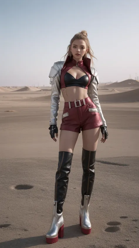 A girl posing in front of a deserted wasteland:1.3. she is wearing dust, colorful outfits with a futuristic, cyberpunk aesthetic. The overall mood is playful and energetic. Silver boots, light brown twirl hair, jean Paul Gaultier, clut studio, the themed c...