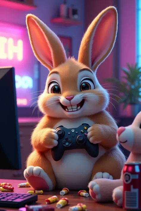 A funny rabbit who plays video games and has crooked teeth 
