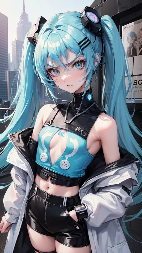 1 girl, anime, high quality, intricate details, futuristic setting, short, robotic, cybernetic, futuristic fashion, pasel blue hair, bear ears, dot eyebrows, angry pout, streetwear, pastel blue and black outfit, pastel blue eye, pigtails, circle eyebrows, ...