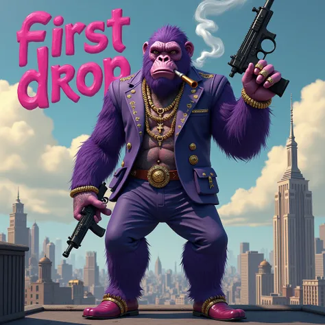 1 purple ape, on the roof of a building, With giant and high-caliber weapons, with gangster SUIT with chains, tattooed, with huge diamond and gold rings, smoking with a pipe, with the words in the sky that say "first drop"