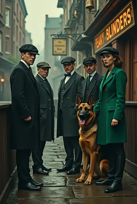 create an image which include  a german shepherd dog and 3 male character 2 female character, standing near dockside pub, the scene should peaky blinders, Use colors reflecting the Irish flags Green, White, and Orange to symbolize divisions and union. 