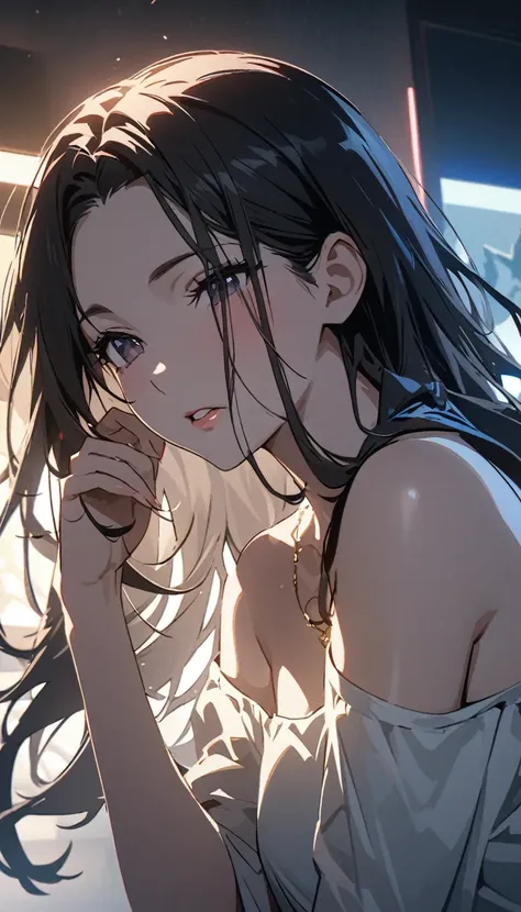 ((highest quallity)), ((work of art)), (detailded), 1024 x 576, (Cinema lighting)、(anime illustration)、expressive pose of natural beauty, dynamic angle、face perfect、detaildedな顔、detaildedな目、(long hair、Bblack hair、bangss、direct)、detaildedな髪、cute girls、(Off-t...