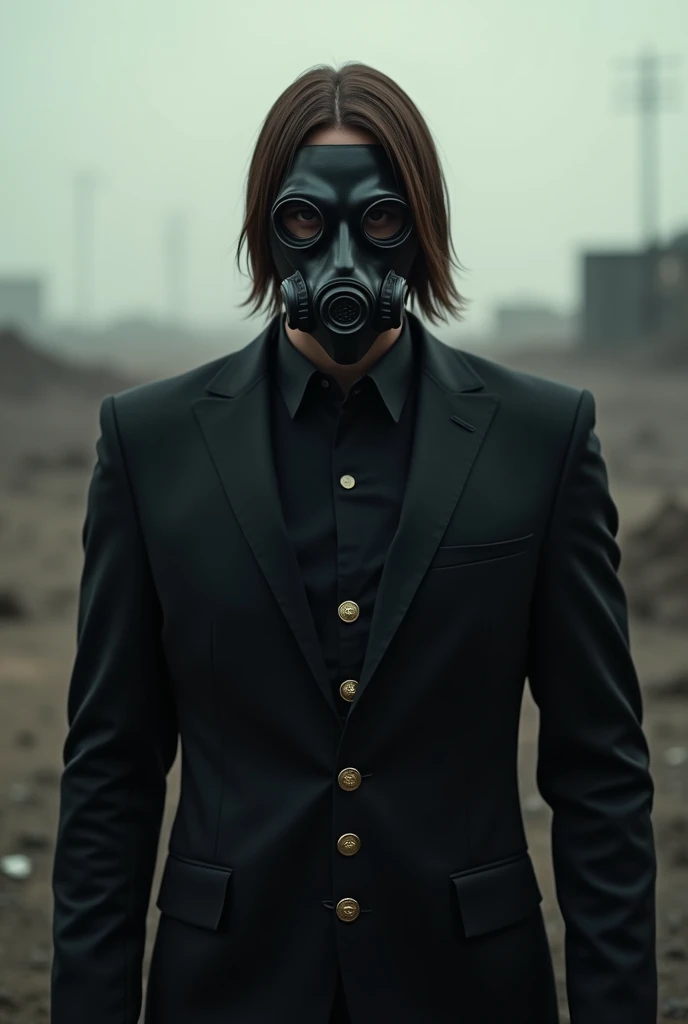 A male character with straight brown hair, a black gas mask, PNG format image, wearing a black suit with 9 gold buttons.