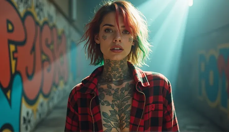 upper body portrait, The raw essence of a tattooed street style icon, soaked in rebellious energy, Wear an oversized flannel shirt, Vibrant graffiti as wallpaper, Avant-garde fashion, sense, confident look, colorful hair, Rays of light pierce the fog. camr...