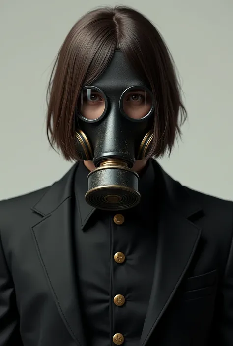 A male character with straight brown hair, a black gas mask, PNG format image, wearing a black suit with 9 gold buttons.(animation)