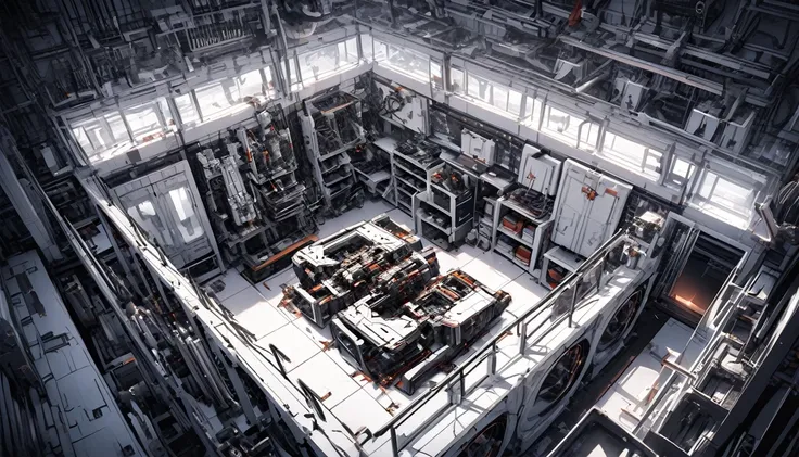 dark, robotics laboratory, futuristic, mechanical device, disassembled robot, tools, rectangular room, indoors, clean, organized...