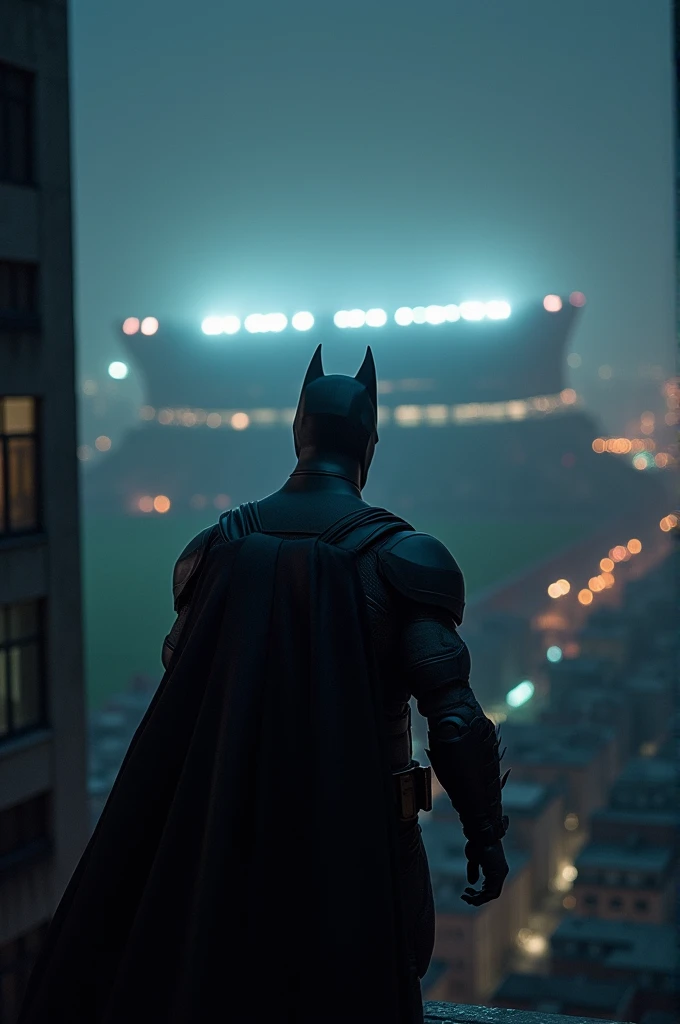 Imagine Batman on the rooftop of a tall, dark skyscraper. Thence, look towards the horizon, where the imposing structure of a Bayern Munich football stadium is visible. The scene is shrouded in shadows, with the glow of the stadium lights shining in the di...