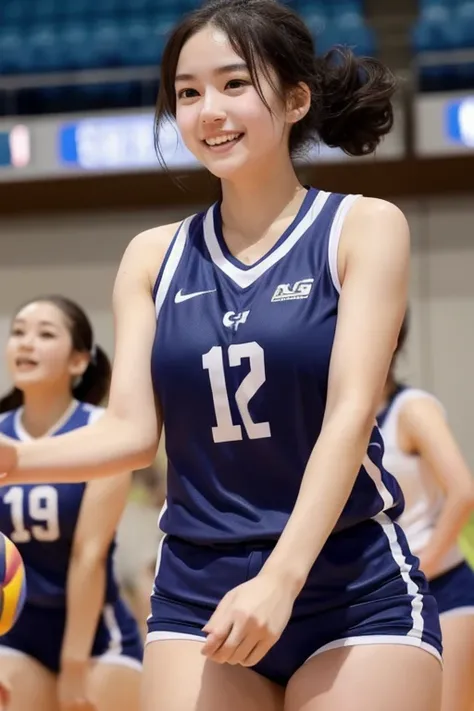 cute、Large Breasts、Slender body、Beautiful Face、、G Cup、Volleyball Uniforms、Random hairstyle、During the game、Sweating profusely、Flushed Cheeks、whole body、Sweat dripping、White skin、Sweating、Volleyball match、smile、Shorts、Sweating