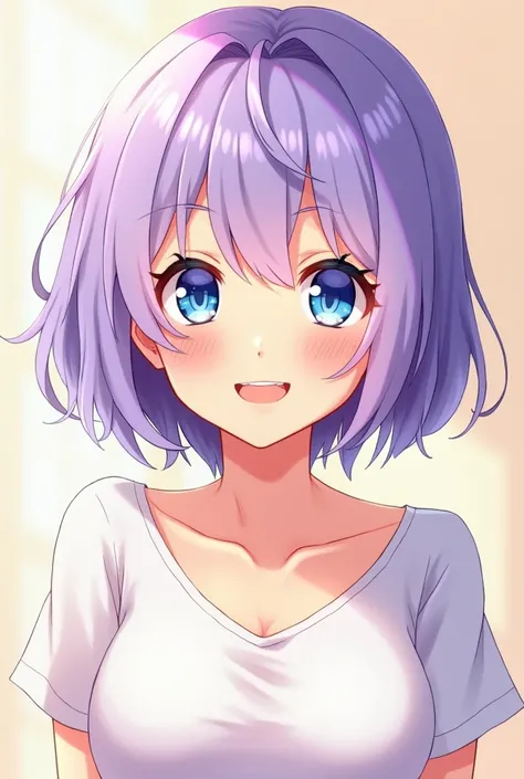 Anime girl with light purple, short hair, blue-white eyes, comfortable clothing for a  and smiling