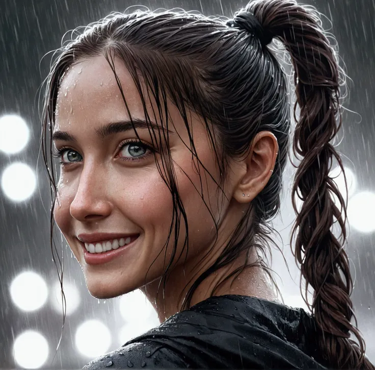 a close up of a woman with a ponytail smiling in the rain, 🤤 girl portrait, great digital art with details, dark but detailed digital art, epic portrait illustration, detailed beautiful portrait, realistic art style, realistic digital drawing, neoartcore a...