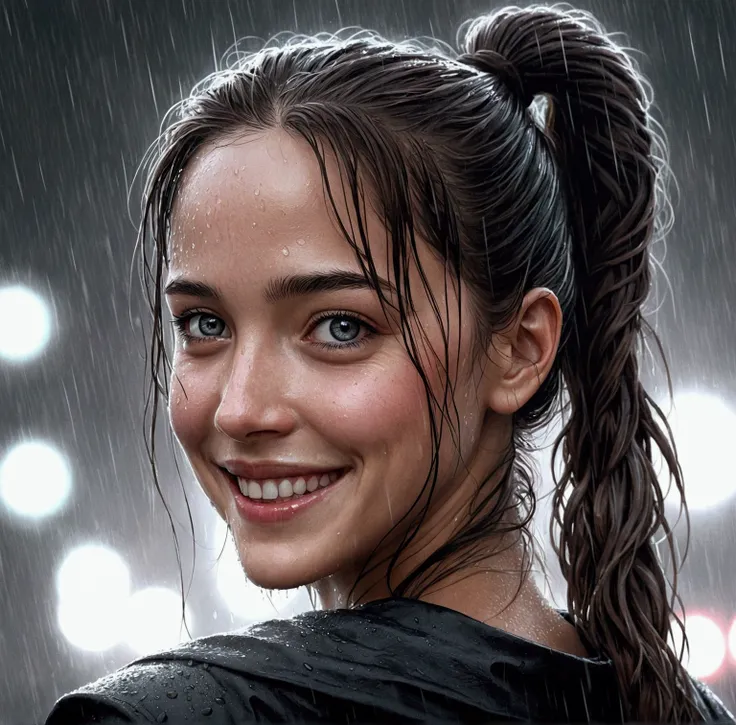 a close up of a woman with a ponytail smiling in the rain, 🤤 girl portrait, great digital art with details, dark but detailed digital art, epic portrait illustration, detailed beautiful portrait, realistic art style, realistic digital drawing, neoartcore a...