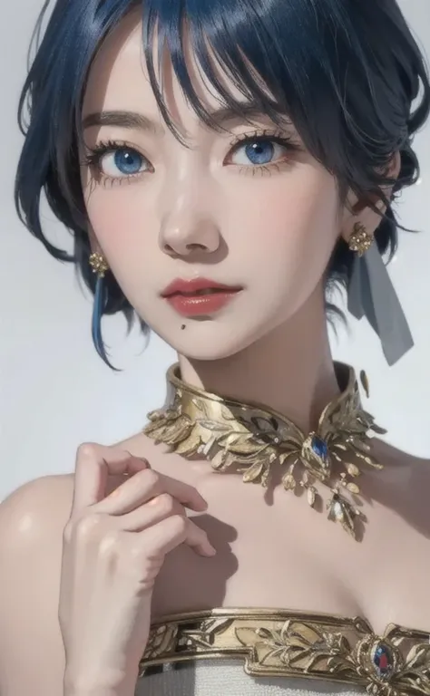 (masterpiece:1.4, Highest quality), (Intricate details), unity 8k wallpaper, Super detailed, beautifully、aesthetic, Perfect lighting, (One person), (Blue Hair, blue eye, Medium chest),, Dynamic pose, Dynamic Angle,  lipstick, slim, slim body, Medium chest,...