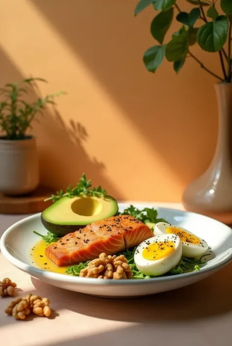 A delicious and colorful keto dish (like avocados, eggs, salmon, walnuts) in the foreground with a minimalist and warm background