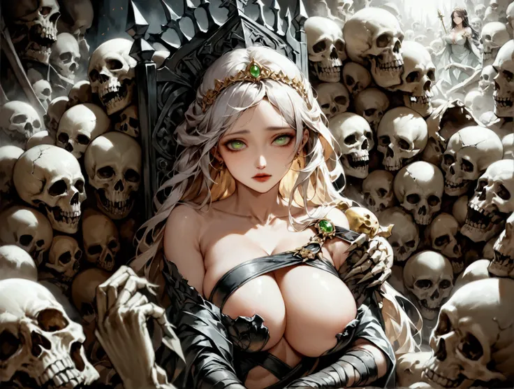 Tia is shown to have a fairly slender with busty figure. She has dark hair with a single lock of hair turned pure white , she has long voluminous hair and large pale green eyes, The woman is sitting on a throne made of bones and skulls looks like a queen f...