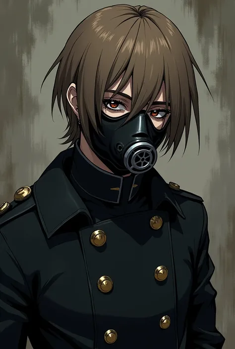 A male character with straight light brown hair, a black gas mask covering the entire face, wearing a black jacket with 6 golden buttons, manhwa style.