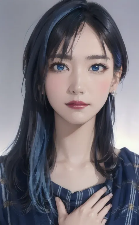 (masterpiece:1.4, Highest quality), (Intricate details), unity 8k wallpaper, Super detailed, beautifully、aesthetic, Perfect lighting, (One person), (Blue Hair, blue eye, Medium chest),, Dynamic pose, Dynamic Angle,  lipstick, slim, slim body, Medium chest,...