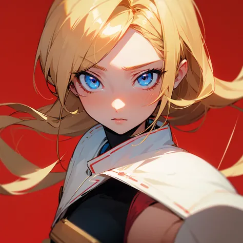 Icon with a red aesthetic of a blonde anime woman with blue eyes, make it look anime 