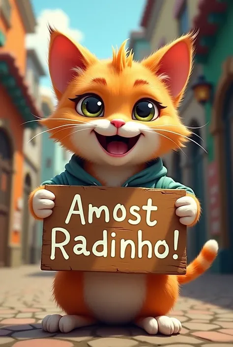 gato seguRa uma placa que diz "AmostRadinho!R" amostRadinho!