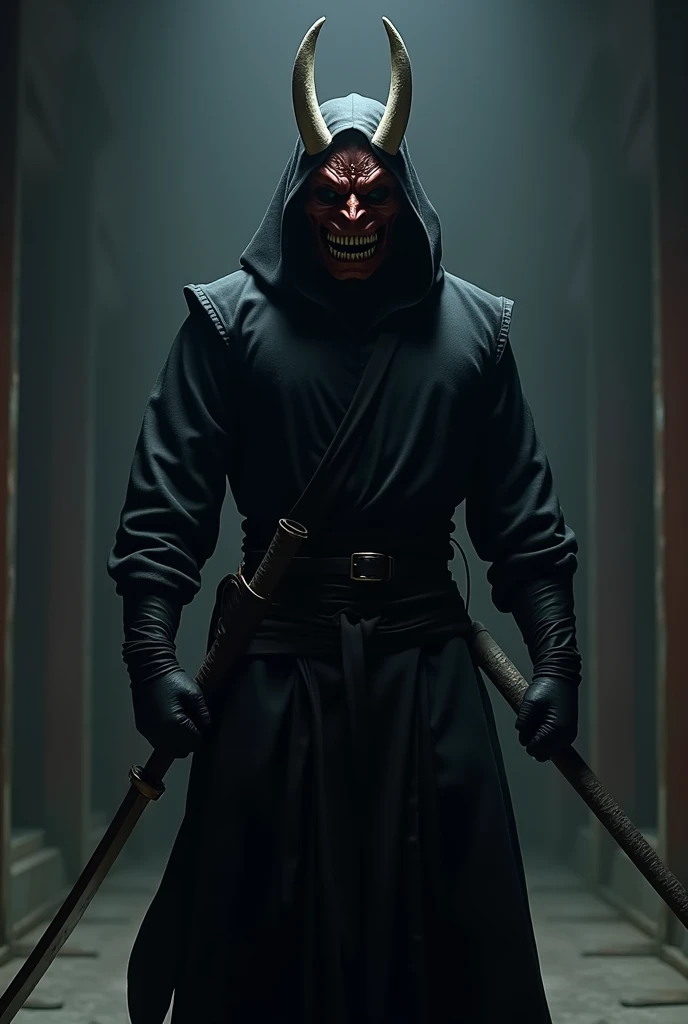 a ninja with a Japanese oni mask, com uma roupa preta, menacingly