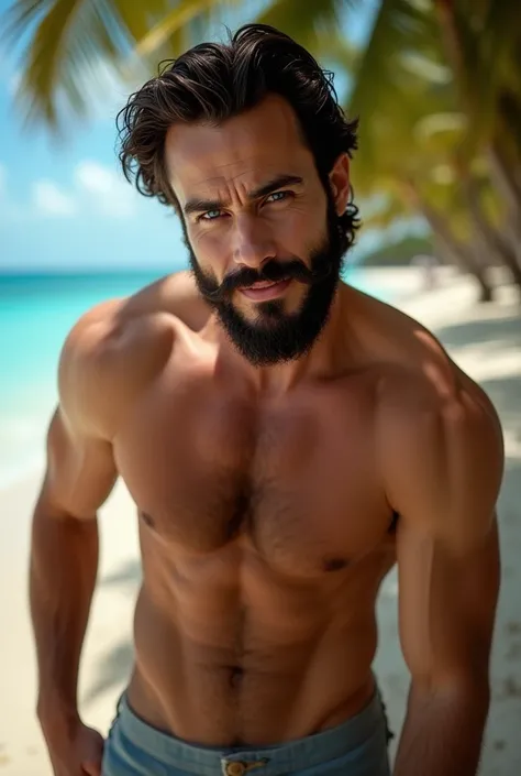 Bearded man, black hair, blue eyes, high, beautiful pecs, playa 