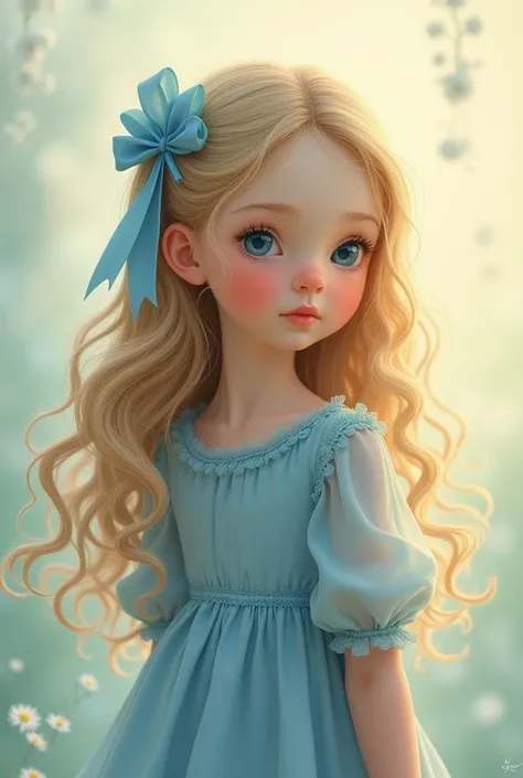 a white child, with long curly hair, half-tied with a blue ribbon, in blue dress 
