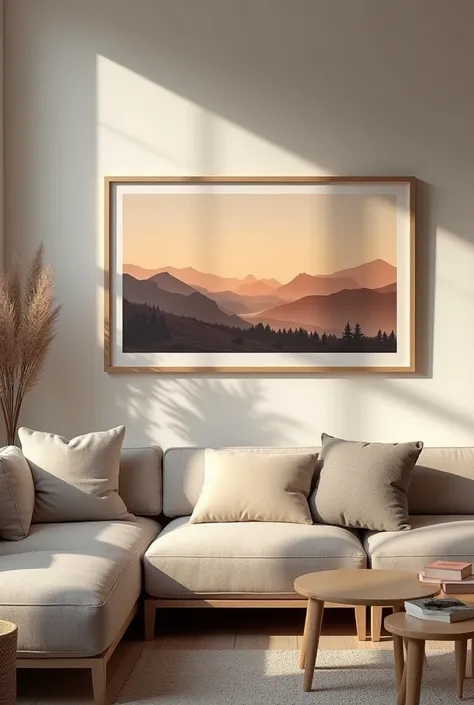 Modern wood picture horizontal frame in 16:9 ratio at cozy living room, 4k