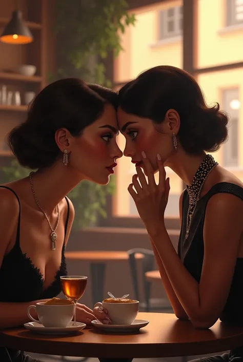 Woman gossiping with another, covering her mouth near the others ear at a table 