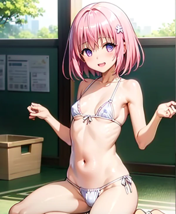 (Highest quality), (masterpiece), high resolution, Realistic texture, close,Beach、Extremely small sexy micro bikini
, momo velia deviluke, Sexy Pose、hair ornaments, Bobcut, Short Hair Pink Hair, Purple eyes, (Big Breasts),  , ,  (blush:1.2), smile,smile、Op...