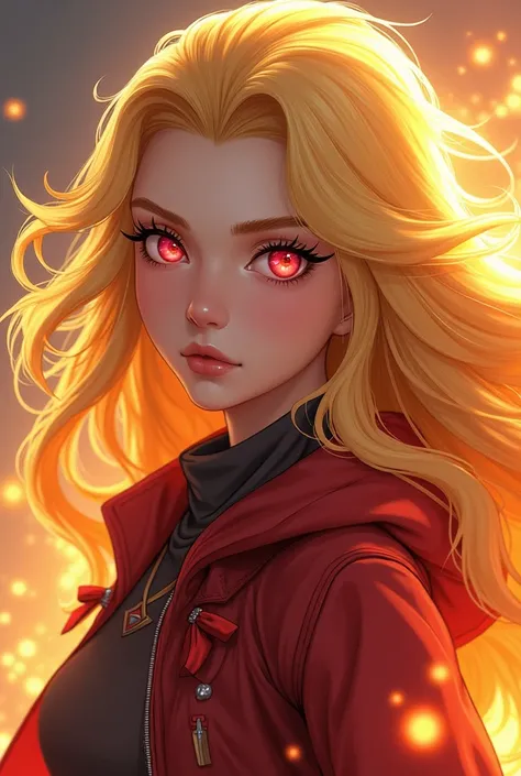 Yang is a tall, fair-skinned young woman with lilac eyes and long, thick, wavy bright golden hair that fades to pale gold at the tips with a cowlick sticking out at the top, greatly resembling her mother. When her Semblance is active, her eyes become red[6...