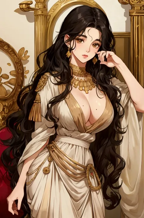 Olive skin, Curly black hair, Almond brown eyes, Goldohrringe, full breasts, reddened cheeks, Antiquity, Kleidungsstil Antiquity, High Nobility, anime style