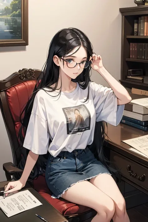 He is writing a mystery novel with a fountain pen, facing the manuscript paper on the desk.、Sitting in a chair、She has long black hair and wears glasses、Shes wearing a white t-shirt and a denim mini-skirt