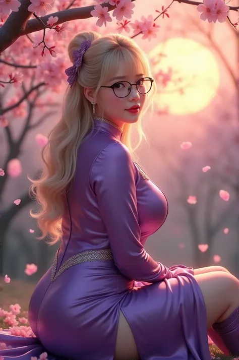 Chinese idol girl　Mature Woman　Blonde wavy hair with bangs　(Bright red rouge lips)　Big Breasts　Chubby　Plump　Super big butt　((Rimless glasses))　　Big eyes　SakuraFubuki　((Gorgeous, super shiny purple long skirt Chinese dress))　((Knee-high boots)) garter belt　...