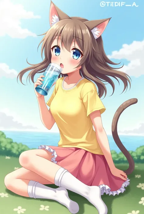 Anime girl with brown hair,gray cat ears, yellow t-shirt, pink skirt, white long socks white with blue eyes and drinking water