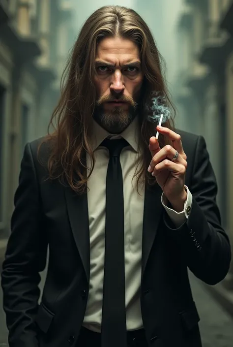 Lucifer smoking a cigarette with the appearance of Jesus Christ in a suit