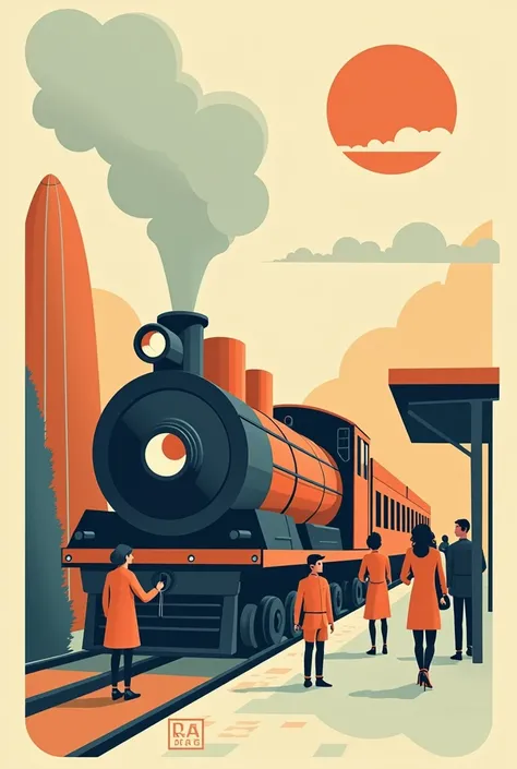 Retro Style，flat design，Some people are getting on the train.，locomotive，TRAIN STATION，Minimalist style，Non-realistic style，Stamp design